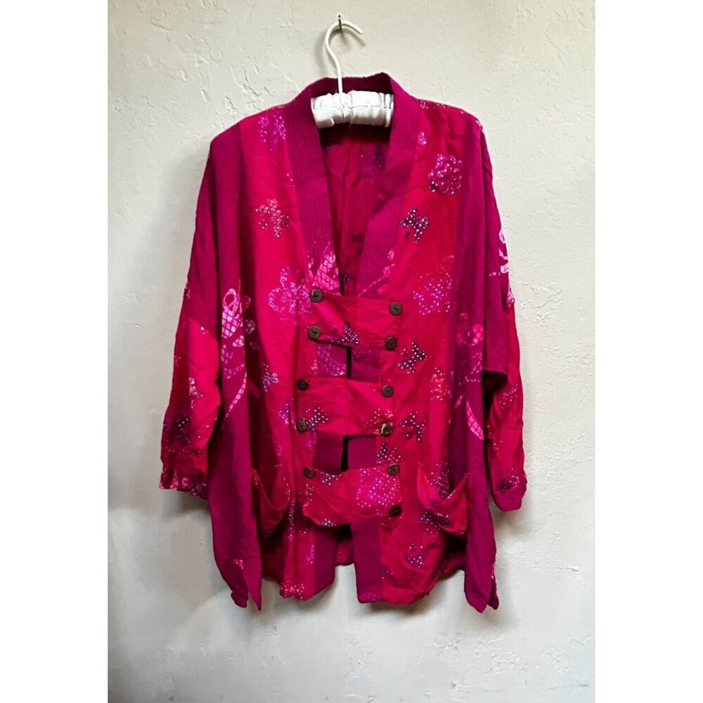 Exotica Women's Pink Kimono Jacket Button Front Pockets Long Sleeve Cardigan